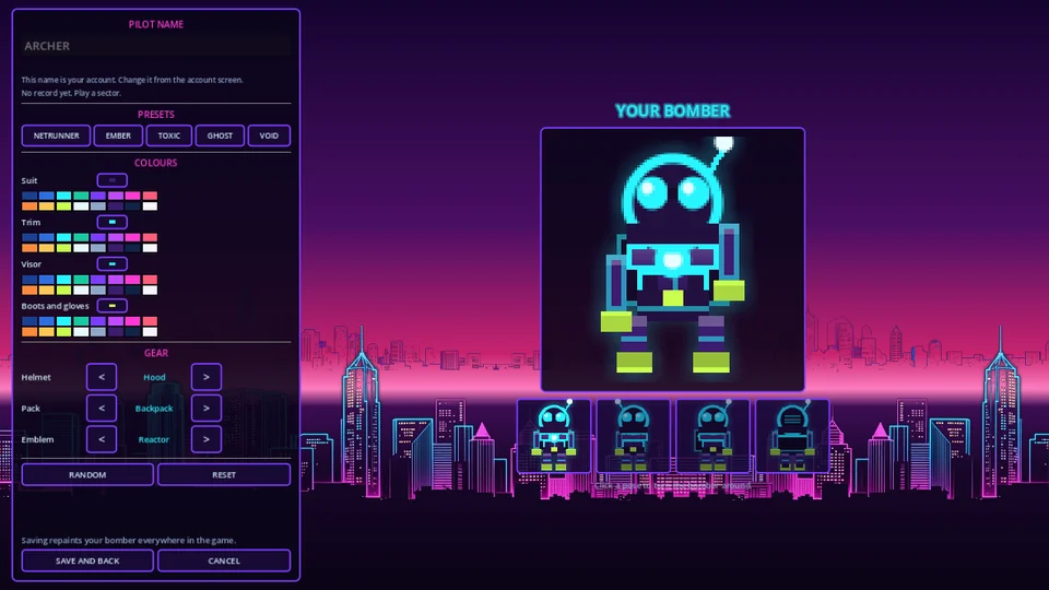 The character editor, showing a cyan robot bomber and swatches for suit, trim, visor and boot colours.