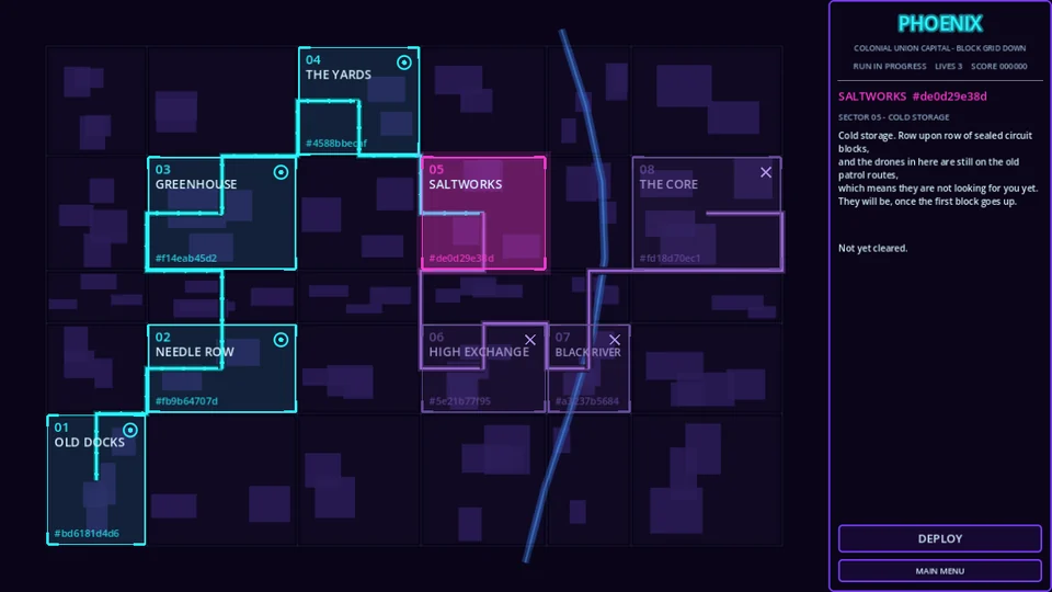 The city map of Phoenix: districts drawn as blocks along generated streets, each with a number and a district name.