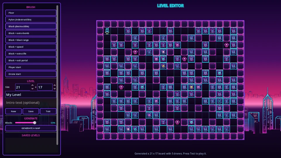 The level editor with a generated 21 by 17 board and a palette of block types.