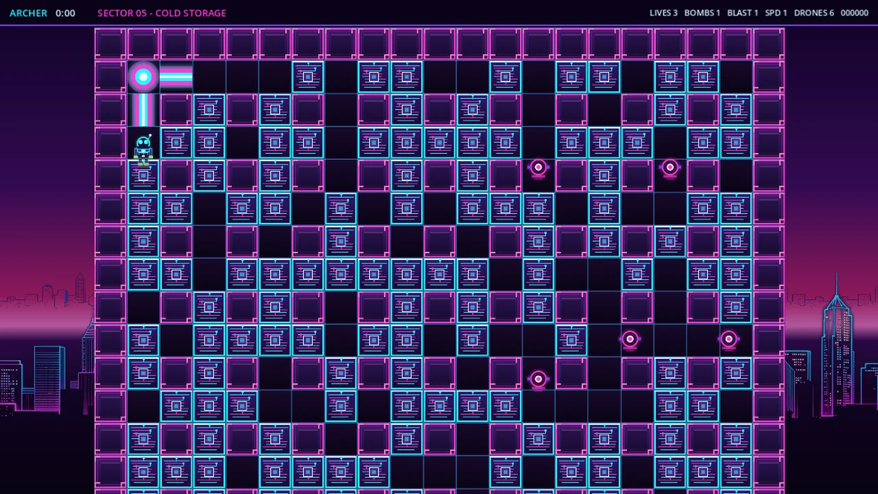 A match in progress: the bomber stands on a neon grid of cyan circuit blocks and magenta pylons while a blast of fire spreads down a lane.