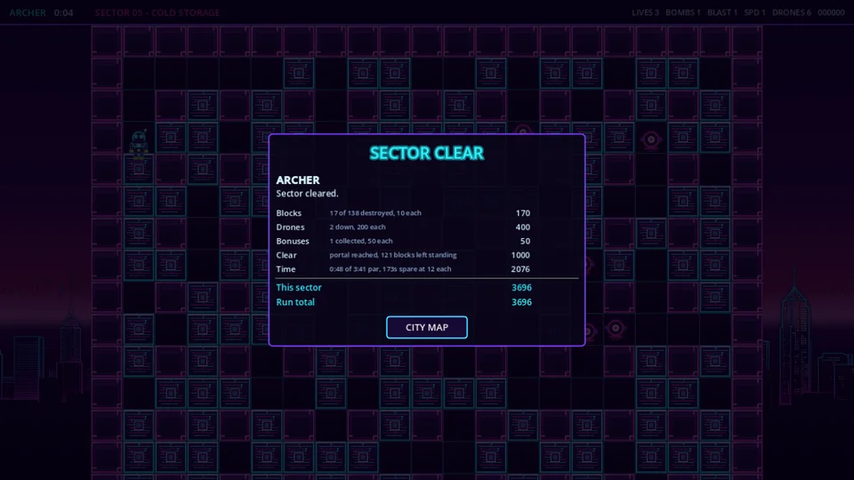 The sector clear screen, itemising blocks destroyed, drones killed, bonuses taken and the time bonus.